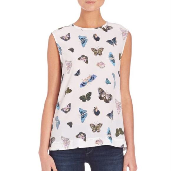 Equipment Tops - SOLD-Equipment Kyle Butterfly Print Top Sleeveless Blouse White Silk Sz L